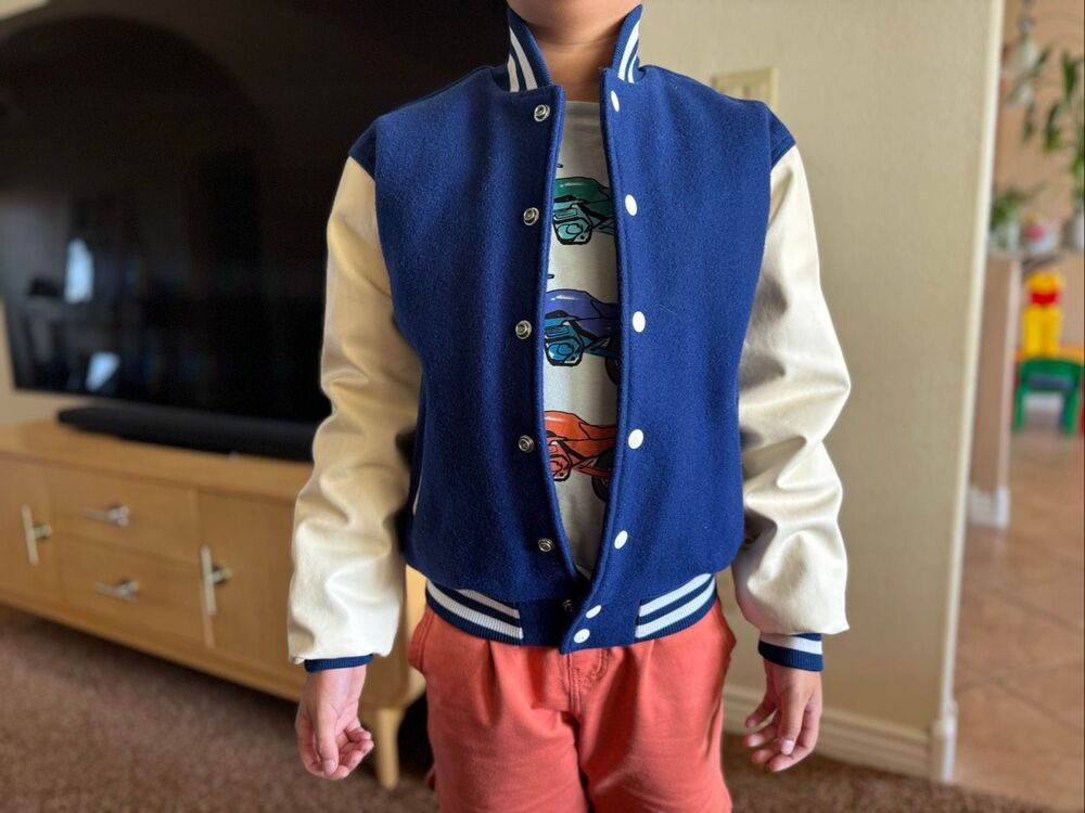 Rennoc kids medium vintage wool royal blue cream button-up varsity jacket